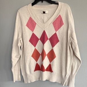 Sonoma V-Neck Sweater with Pink and Red Argyle